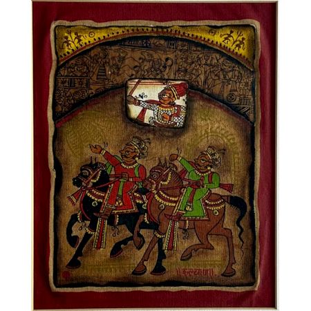 Hunting Phad Painting Raw Colour on Cloth Traditional Rajasthani Folk Art